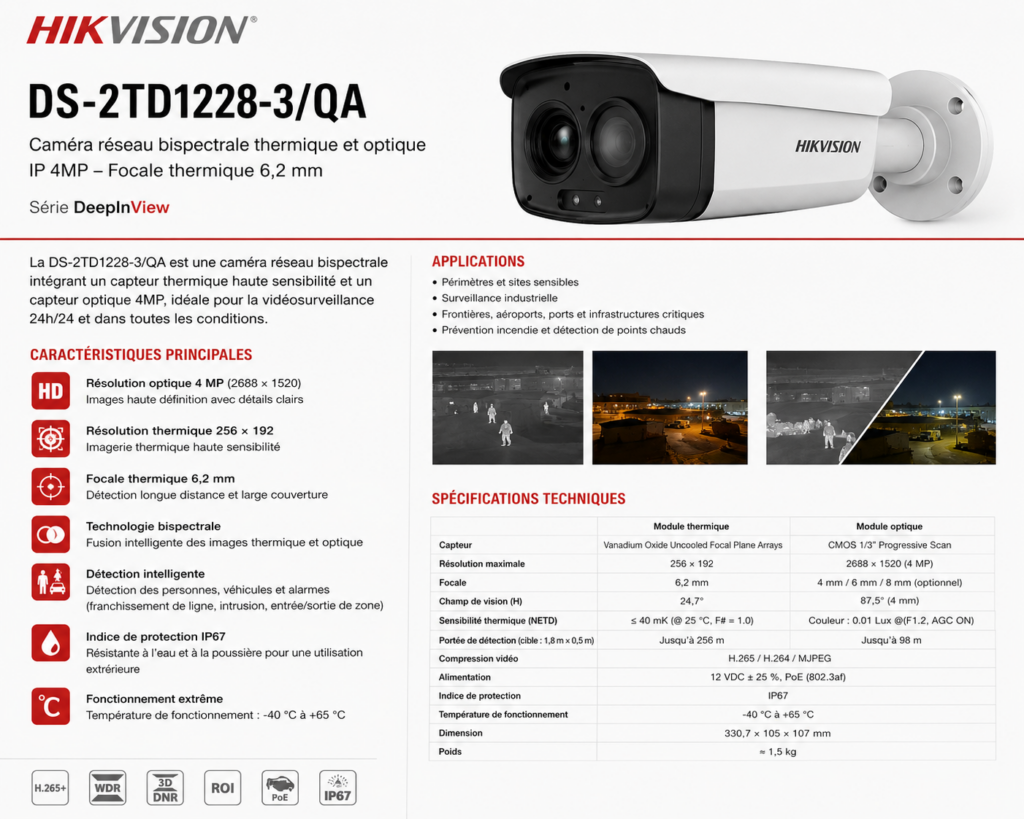 Caméra réseau DS-2TD1228-3/QA bispectrale thermique et optique IP 4MP focale thermique 6,2 mm