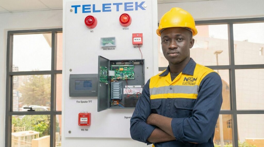 Technicien N2M Electronics devant une centrale de détection incendie