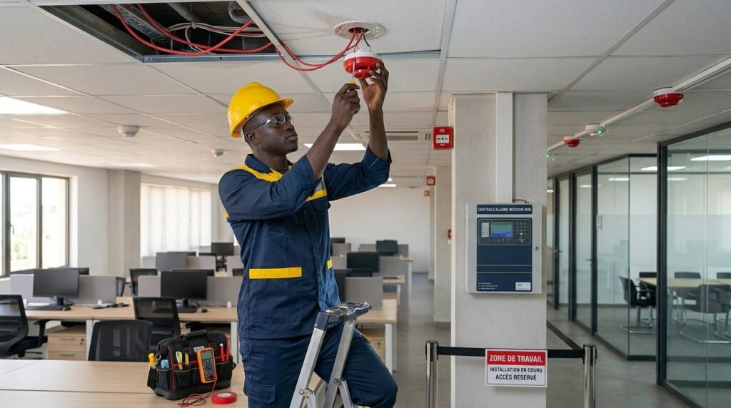 Technicien N2M Electronics installant des détecteurs incendie à Dakar