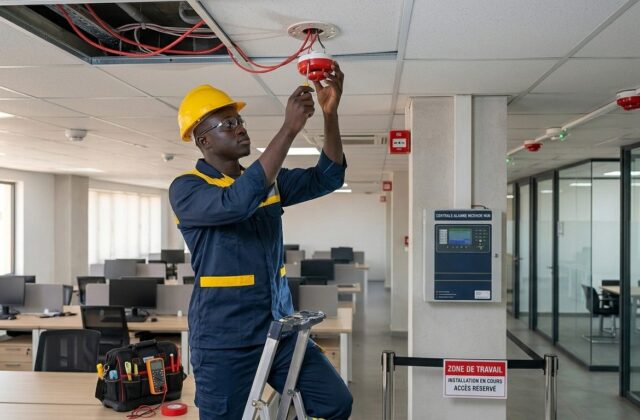 Technicien N2M Electronics installant des détecteurs incendie à Dakar